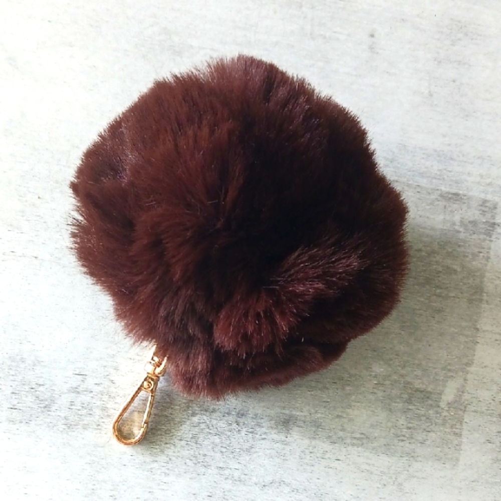 Soft & Fluffy Brown Pom Pom Fx Fur Keychain Handbag Charm D-4"